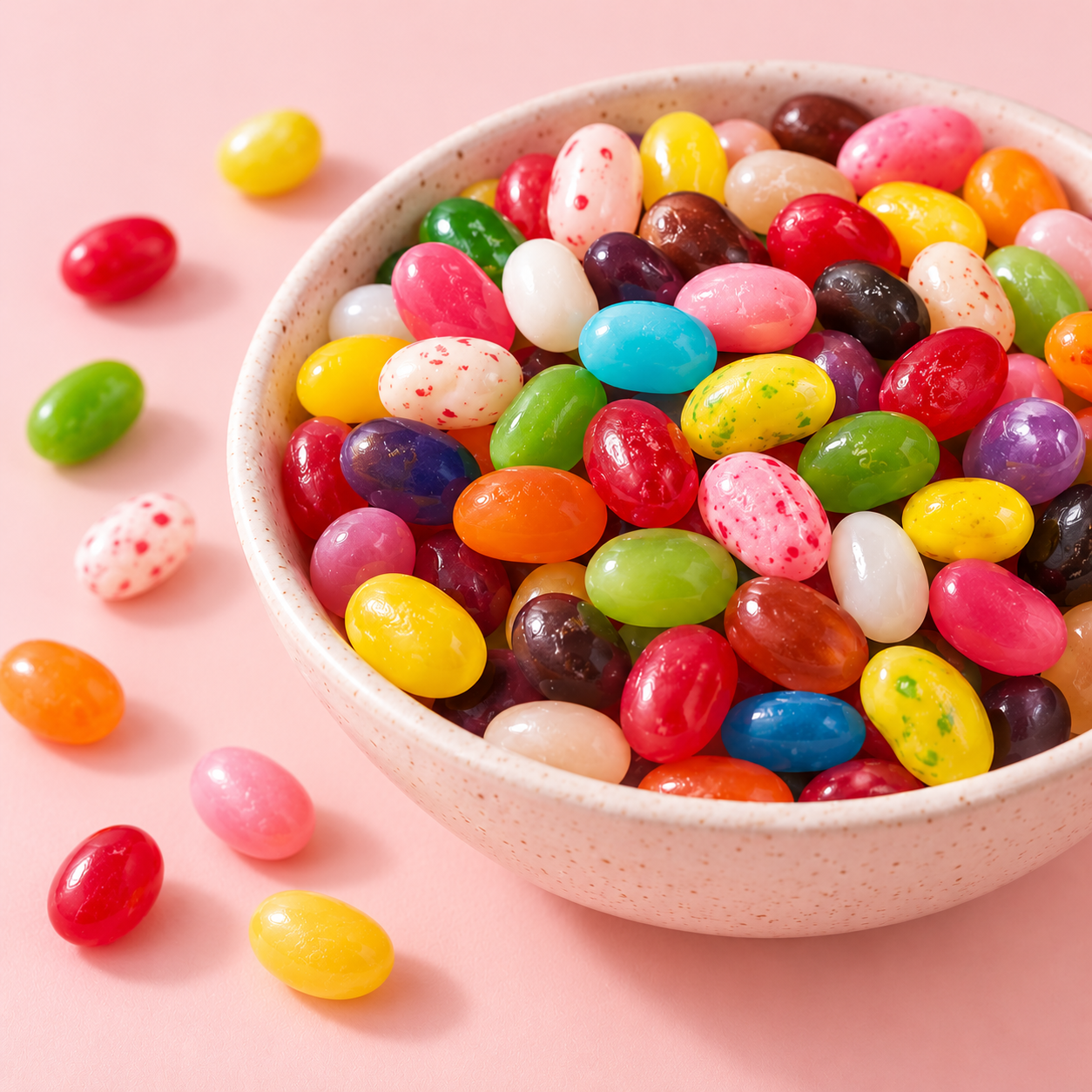 A colourful bowl of jelly beans on pink