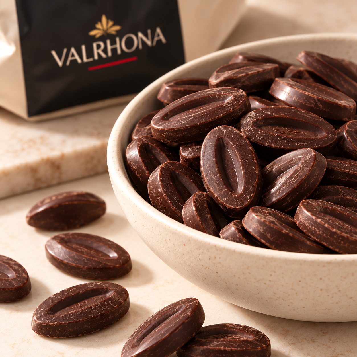 Valrhona dark chocolate feves in a ceramic bowl