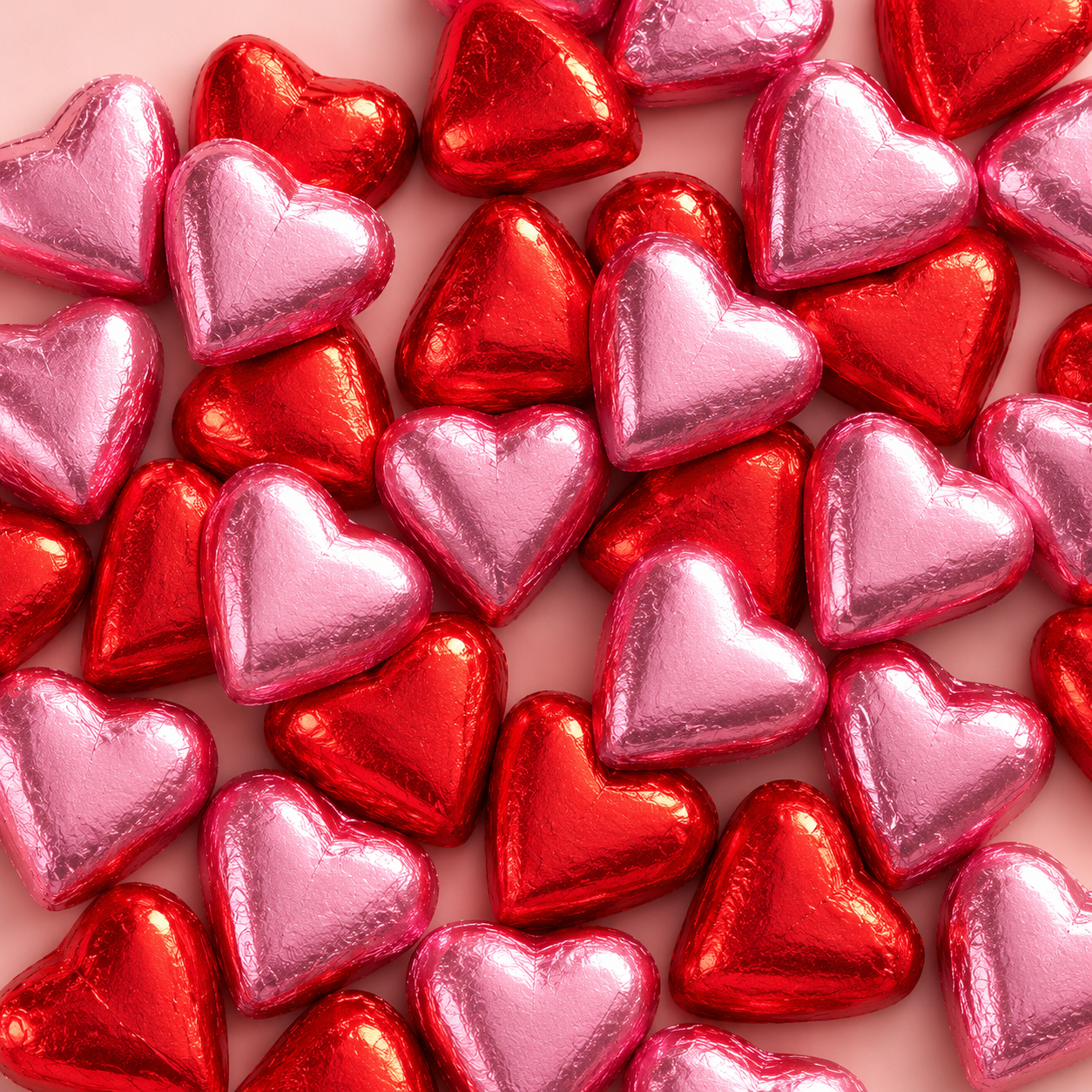 Red and pink foil-wrapped Belgian chocolate hearts