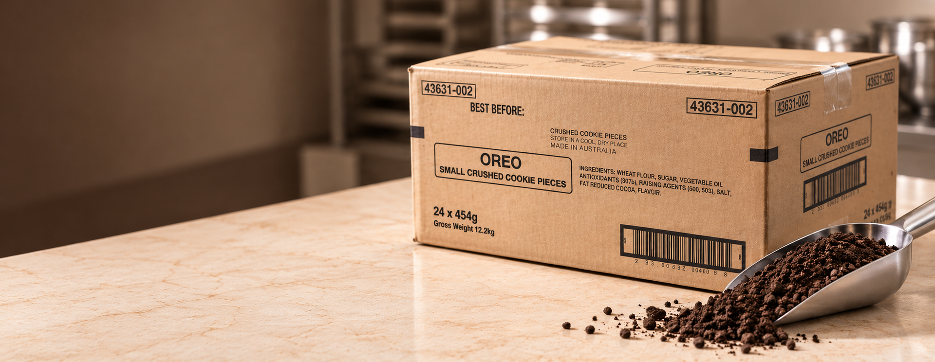 Illustrative Oreo crumb carton and scoop; carton markings are AI-reconstructed and unverified