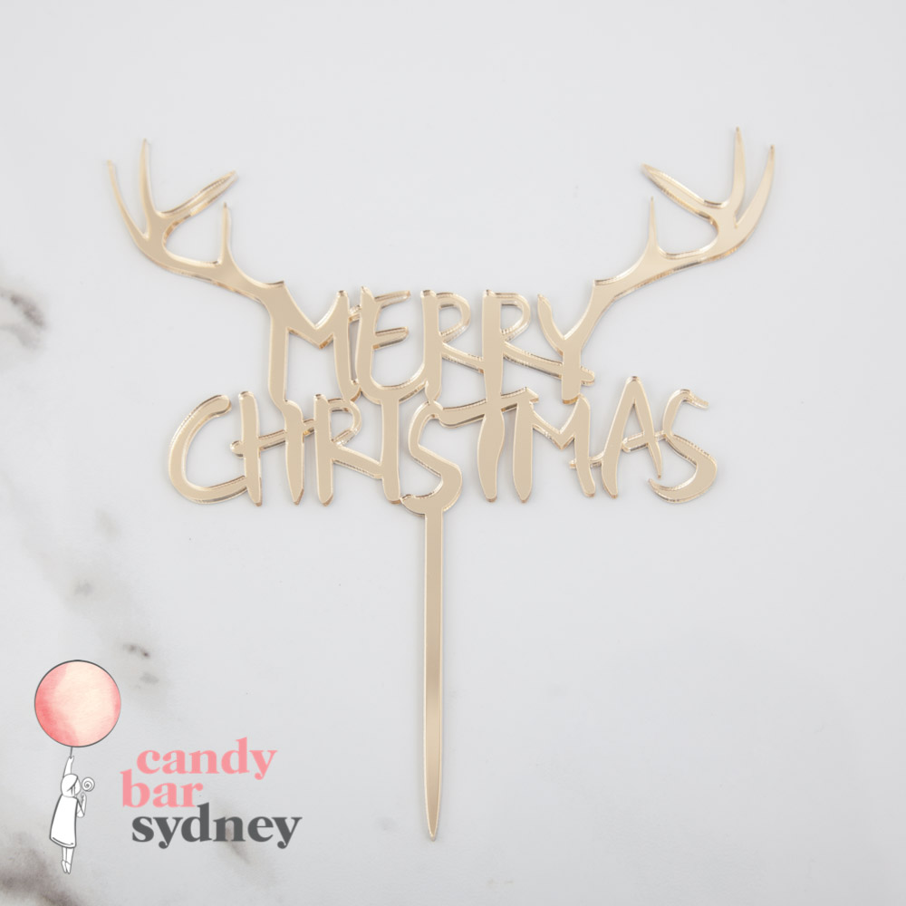 Wooden Antlers Merry Christmas Cake Topper
