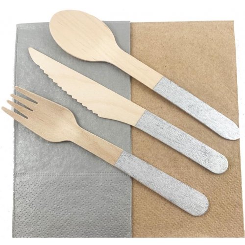 Wooden Silver Cutlery Sets 30 Pack