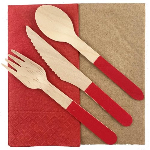 Wooden Red Cutlery Sets 30 Pack
