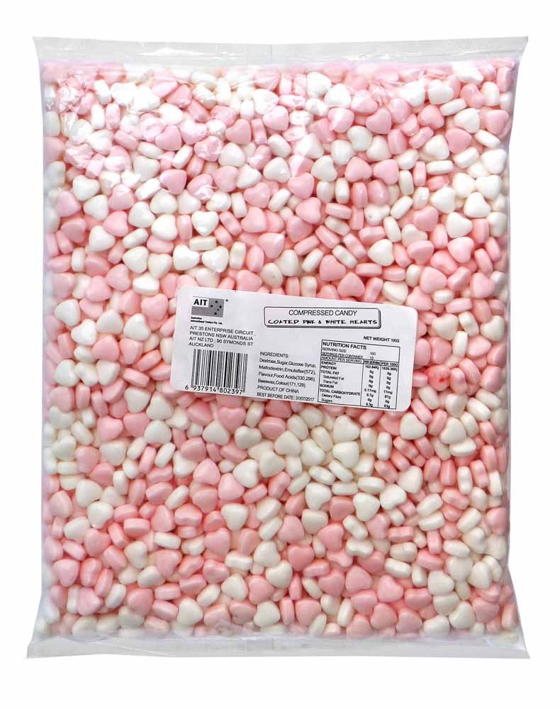 Pink & White Hearts Compressed Candy 1kg (1kg Bag)