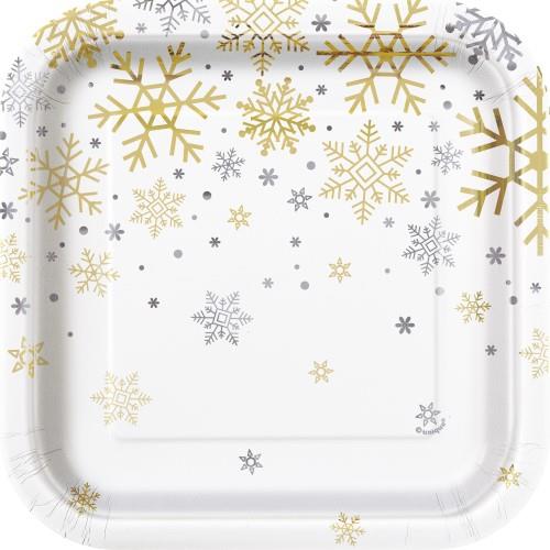 Silver and Gold Snowflake Foil Square Plates 8 Pack 18cm