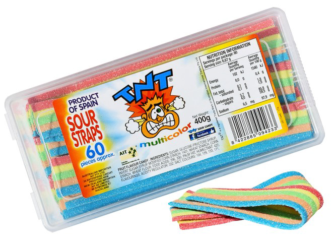 TNT Sour Straps Multicolour Snack Pack 400g (400g Tub)