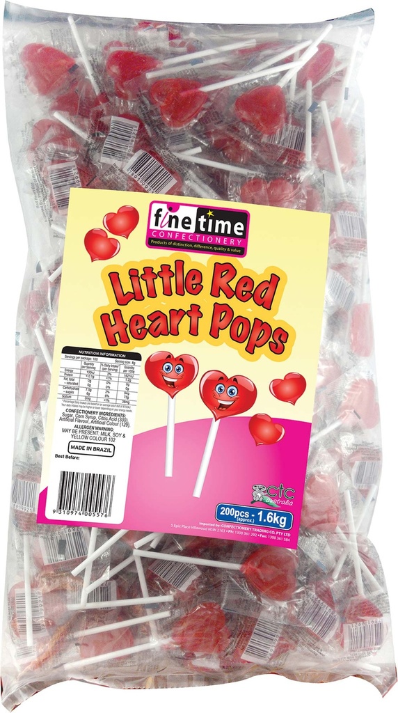 Finetime Little Red Heart Pops 200 pack (2kg Bag)