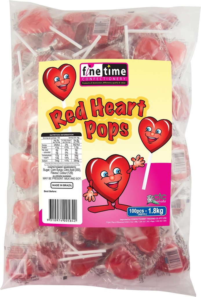 Finetime Red Heart Pops 100 pack (2kg Bag)