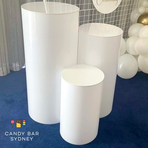 Small Round Plinth Hire - 50cm x 30cm - White Acrylic / Cake Stand