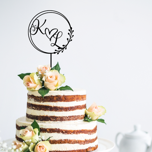 Round Swirl Custom Initials with Heart Wedding Cake Topper Style 1