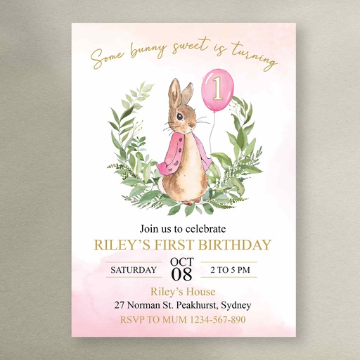 Pink Peter Rabbit Birthday Invitation